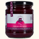 Jar of pickled beetroot with a purple label on a white background