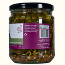 Jar of pickled jalapeños with a purple label on a white background