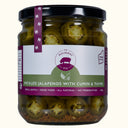 Jar of pickled jalapenos with cumin and thyme from The Mulberry Pig on a white background