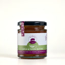 A glass jar of 'The Mulberry Pig' Apple & Thyme Butter on a light gray background. The jar has a black lid, a white and green label, and a purple seal ribbon.