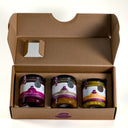 The One For BBQ gift box from The Mulberry Pig, open to show three jars: Beetroot Relish, Smoked Onion Marmalade and Summer Corn Relish