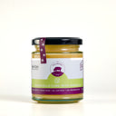 A glass jar of 'The Mulberry Pig' Lemoncello Curd with Gincello, featuring a black lid, a purple and white label with green accents, and a purple paper seal, set against a plain white background.
