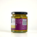 A glass jar of Piccalilli by The Mulberry Pig, featuring a black lid and a white, yellow, and purple label showing the description, set against a plain white background.