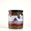 A glass jar of The Mulberry Pig Smoked Onion Marmalade with a black lid and a white and purple label, set against a plain white background.