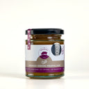 A glass jar of The Mulberry Pig Smoked Onion Marmalade with a black lid and a white and purple label, set against a plain white background.